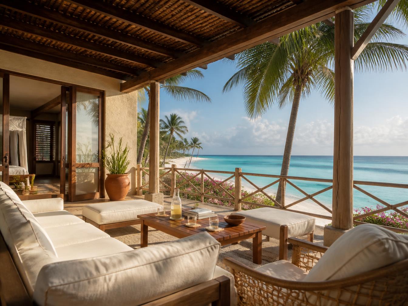 Shaded terrace of a coastal Kenyan holiday home overlooking a turquoise ocean and palm-lined beach