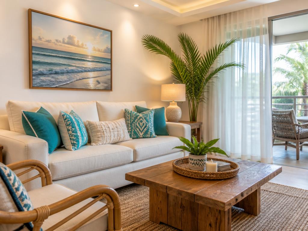 Bright and cozy living room with cream sofa and turquoise accent pillows